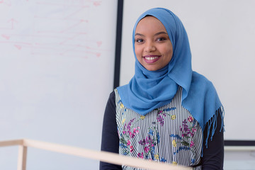 Beautiful female muslim african american architecture student looking and smiling into camera.