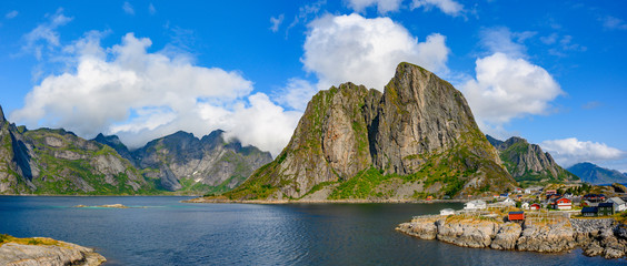 Panorama view mountain and sea at Hamnoy village, Lofoten, Norway