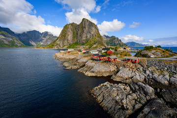 Panorama view mountain and sea at Hamnoy village, Lofoten, Norway