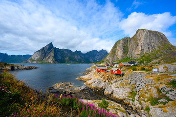 Panorama view mountain and sea at Hamnoy village, Lofoten, Norway
