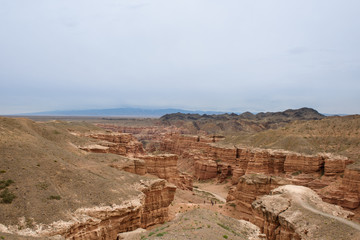 Charyn Canyon, Charyn River Valley. Red rocks and vertical canyon. Almaty region, Kazakhstan.