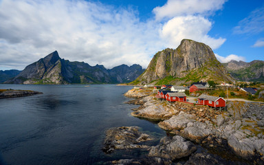 Panorama view mountain and sea at Hamnoy village, Lofoten, Norway