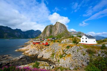 Panorama view mountain and sea at Hamnoy village, Lofoten, Norway