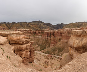 Charyn Canyon, Charyn River Valley. Red rocks and vertical canyon. Almaty region, Kazakhstan.