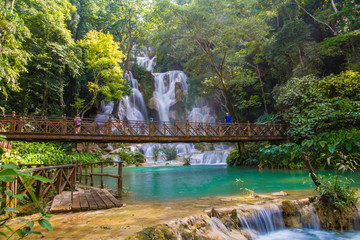 Tad Kwang Sri Waterfall , Luang Prabang Province Laos these waterfalls are a favorite side trip for tourists in Luang Prabang. The falls begin in shallow pools atop a steep hillside.  P