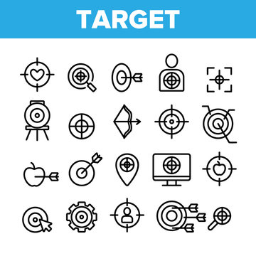 Target Aim Collection Elements Vector Icons Set Thin Line. Different Game Military Shape Target, Dartboard With Arrow And Archery Concept Linear Pictograms. Monochrome Contour Illustrations