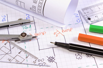 Rolls of electrical diagrams, construction drawings and accessories for drawing