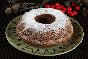 Christmas chocolate sponge cake with sugar powder on green plate