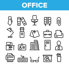 Office Job Collection Elements Vector Icons Set Thin Line. Office Chair And Lamp, File Folder And Paper Clip, Building And Manager Concept Linear Pictograms. Monochrome Contour Illustrations
