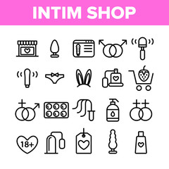 Intim Shop Collection Elements Vector Icons Set Thin Line. Contraception And Different Intim Devices, Bunny Ears And Sexy Panties Concept Linear Pictograms. Monochrome Contour Illustrations