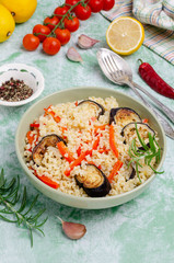 Bulgur with slices of fried vegetables