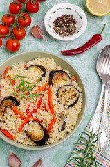 Bulgur with slices of fried vegetables