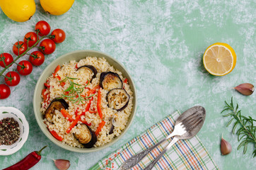 Bulgur with slices of fried vegetables
