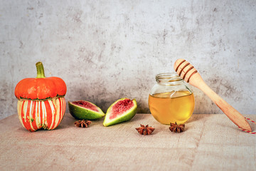 Still life, autumn, pumpkin, figs, honey, star anise