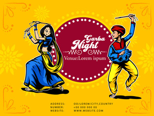 Illustration of couple playing Garba and Dandiya in Navratri Celebration and disco, Garba Night poster for Navratri Dussehra festival of India