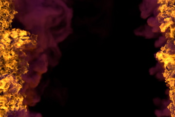 Fire 3D illustration of fantasy blazing fireplace frame isolated on black background with heavy smoke - top and bottom are empty, fire lines from sides left and right