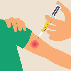 An injection in the affected area. Vaccination against influenza, virus, injection, antidote, injection. Vector editable illustration