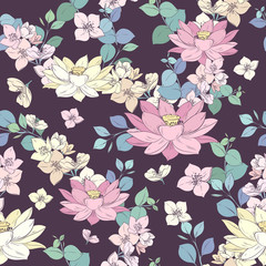 Seamless pattern with light flowers and green branches