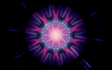 fantastic abstract symmetrical flower with petals consisting of a variety of geometric shapes of different colors on a black background