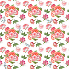 pattern of bouquets of roses and dragonflies