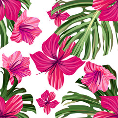 Hibiscus pattern. Tropic palm leaf. Seamless background