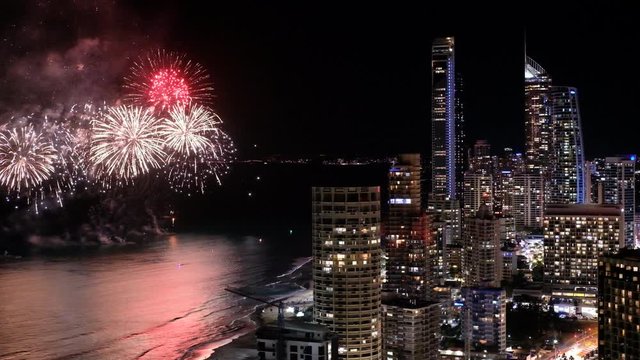 Fireworks over ocean in Gold Coast, Queensland, Australia