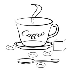 Coffee in a cup, spoon and sugar on a white background, hand drawing