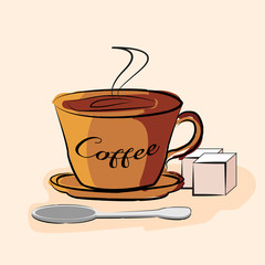 Coffee in a brown glass, a spoon and sugar. flat illustration