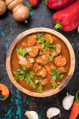 Beef goulash served in bowl