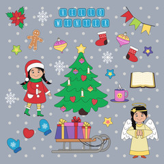 Cute girl, new year tree, angel, gifts, gingerbread man. Merry Christmas and Happy New Year cute symbols set, stickers, patches, badges, pins, prints for kids.