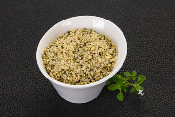 Peeled hemp seeds in the bowl