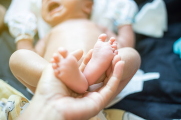 Baby feet holding by father hand massage selective focus
