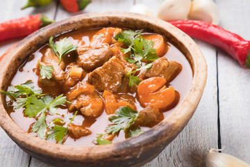 Beef goulash served in bowl