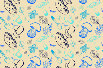 Hand drawn autumn pattern with leaves, mushrooms and berries