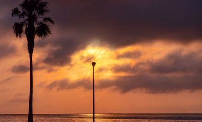 Palm tree and street lamp, heavy dramatic clouds and bright sky. Beautiful African sunset over the lagoon.
