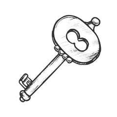 Key Ethnic Access Device Ink Hand Drawn Vector. Tracery Aged Key For Operating Lock. Ornamental Secure Access Element Template Concept Designed In Vintage Style Black And White Illustration