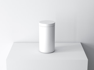 White Tube Tin can Mockup on white pedestal