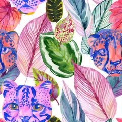Bright watercolor tropical botanical illustration with colorful leaves and wild animal heads.