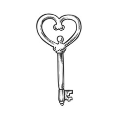 Key In Heart Form Safety Element Retro Vector. Engraved Grunge Metallic Key For Unlock Lock. Antiquarian Protect And Safe Template Hand Drawn In Vintage Style Black And White Illustration