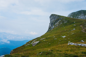 Tracking in Slovenia, Julian Alps. Mountain Mangart.