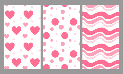 Baby girl seamless patterns set. Ornaments collection in pink colors with different textures for children fabric and textile. Vector illustration.