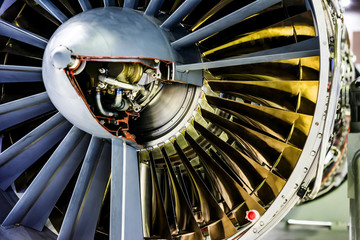 View of turbine aircraft engine close up, plane propeller, airplane industry  © maxoidos