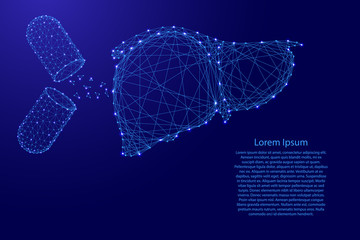 Human liver organ and the substance of the open capsules pills treatment therapy cure existing medical concept from futuristic polygonal blue lines and glowing stars for banner. Vector illustration.