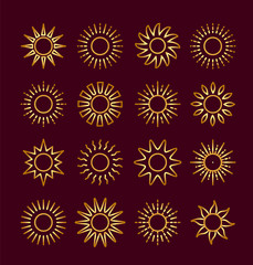 Golden sun icons with different rays. Gold summer symbols with gradient. Line sunlight signs on dark background. Vector illustration
