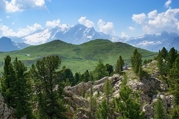 Beautiful mountain scenery with green hills and Marmolada peak on the horizon -  Dolomites Italy.