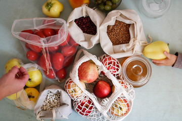 Top view of zero waste shopping bags with products