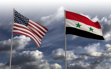 USA flag and Syria flag on dark clouds background, 3d render.
