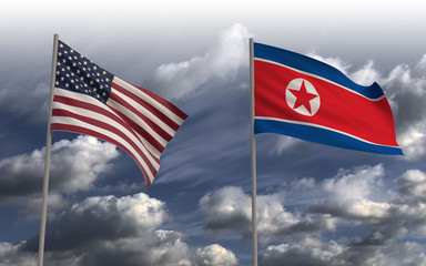 USA flag and North Korea flag on dark clouds background, 3d render.