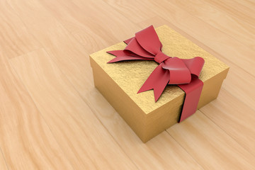 Golden new year or Christmas gift box with red ribbon for celebration concept on wooden board. with empty space for text and design, 3d illustration with clipping mask.