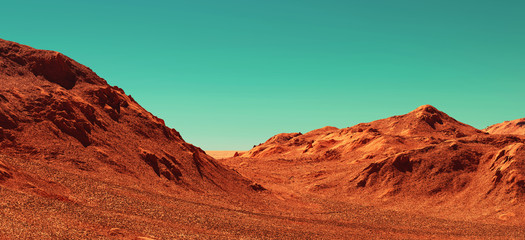Mars landscape, 3d render of imaginary mars planet terrain, science fiction illustration. © Cobalt